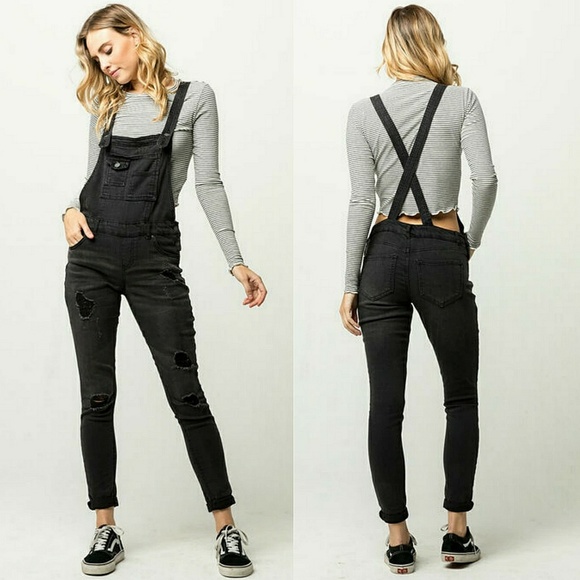 ivy and main Denim - Ivy and Main Black Distressed Skinny Jean Overalls